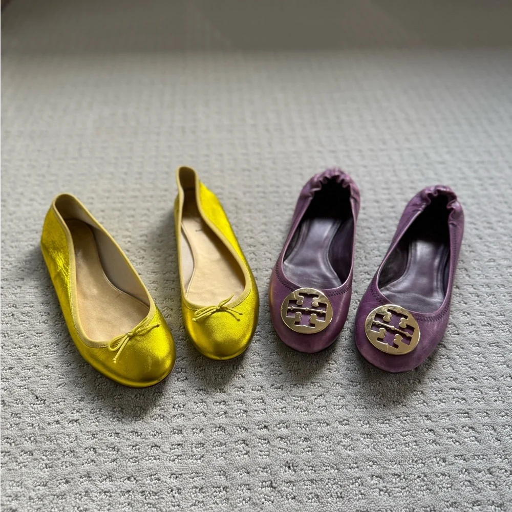 Tory Burch Miller Purple Flats & JCrew vibrant yellow flats - Picture 1 of 16